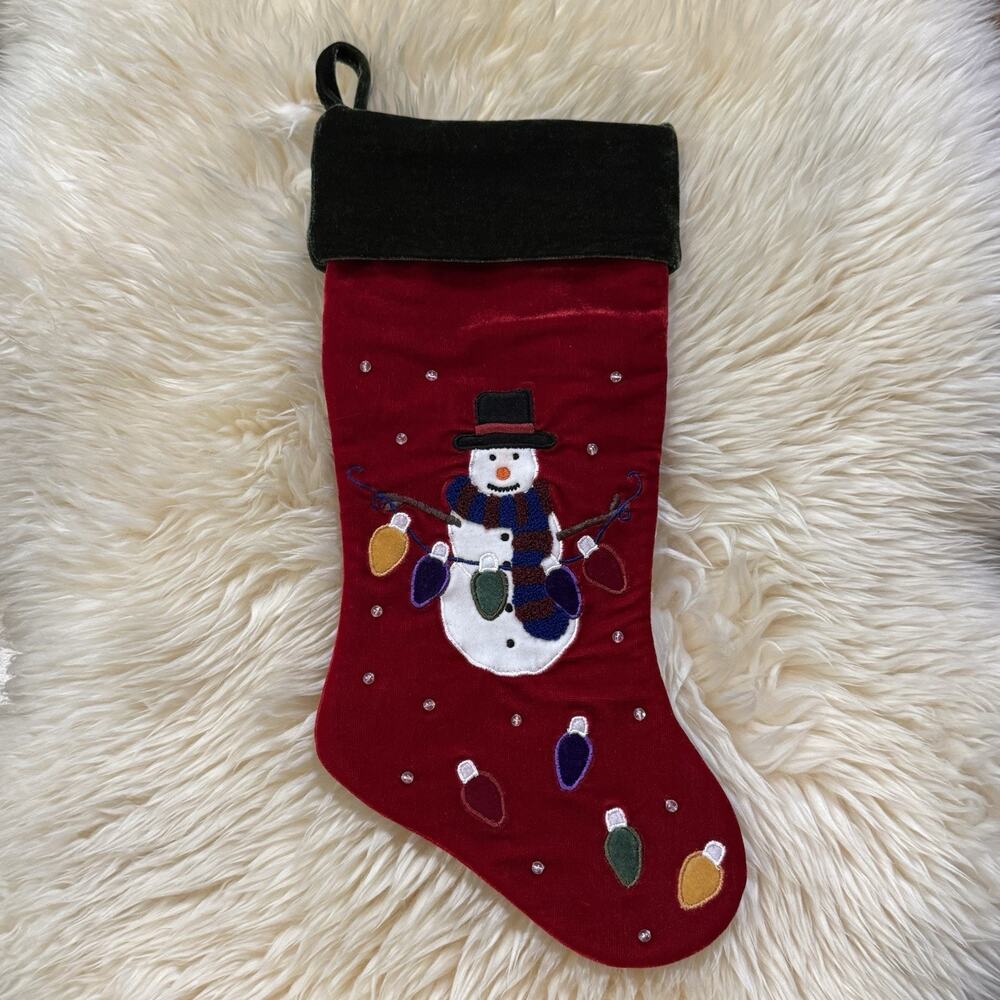 VTG Santa’s Best Velvet Embroidered Snowman Lights Christmas Boba Beads Stocking